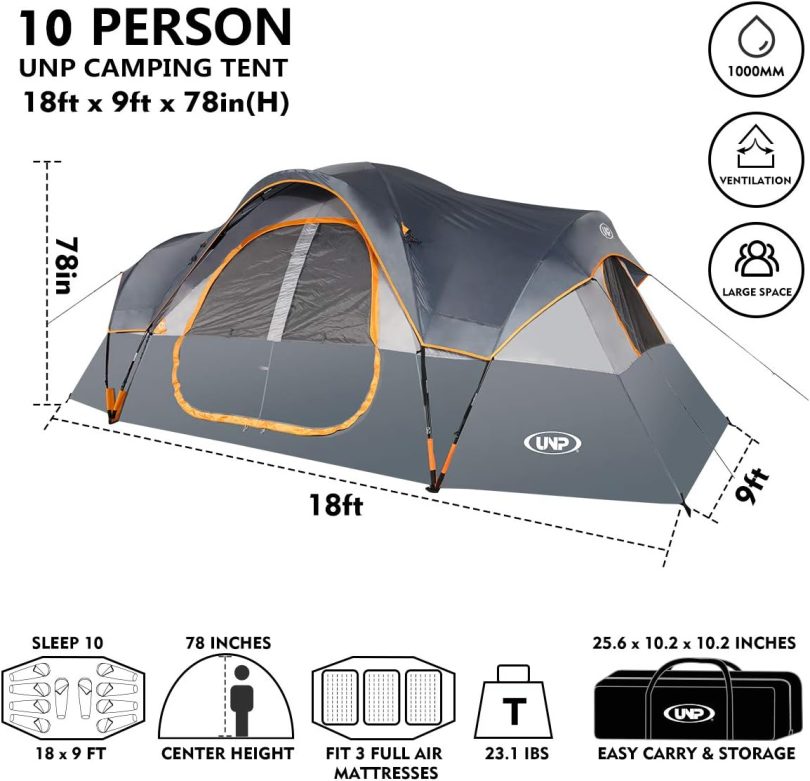 UNP Camping Tent 10-Person-Family Tents, Parties, Music Festival Tent, Big, Easy Up, 5 Large Mesh Windows, Double Layer, 2 Room, Waterproof, Weather Resistant, 18ft x 9ft x78in - Image 2