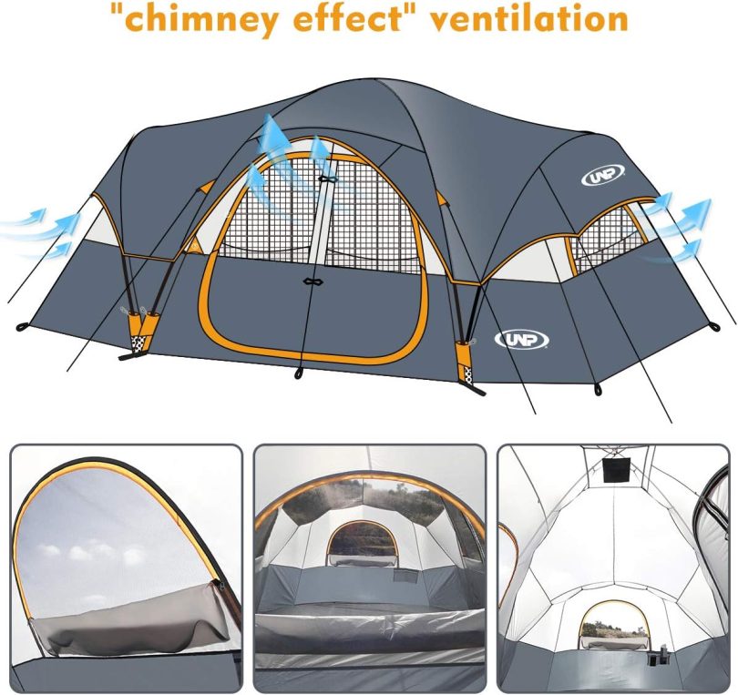 UNP Camping Tent 10-Person-Family Tents, Parties, Music Festival Tent, Big, Easy Up, 5 Large Mesh Windows, Double Layer, 2 Room, Waterproof, Weather Resistant, 18ft x 9ft x78in - Image 6
