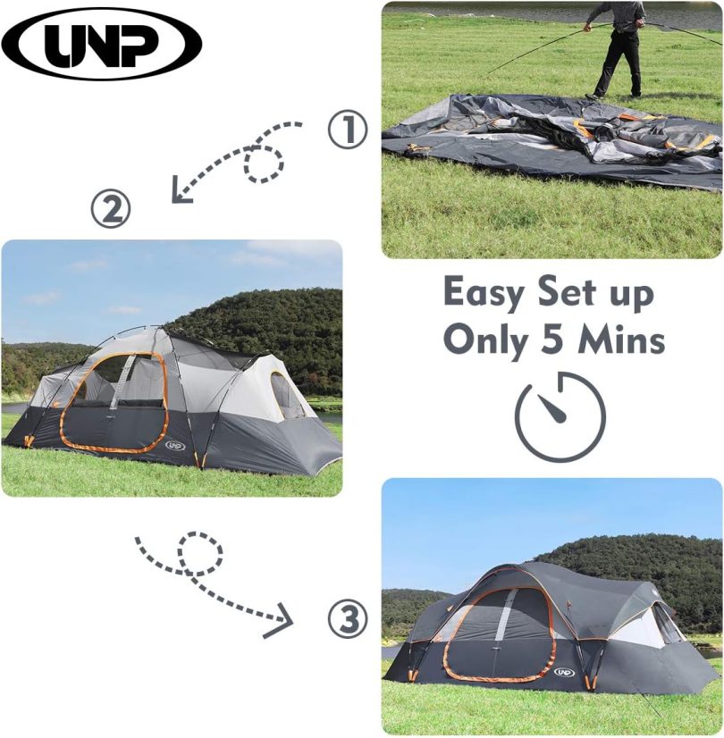 UNP Camping Tent 10-Person-Family Tents, Parties, Music Festival Tent, Big, Easy Up, 5 Large Mesh Windows, Double Layer, 2 Room, Waterproof, Weather Resistant, 18ft x 9ft x78in - Image 8