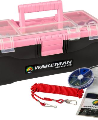 Wakeman 55-Piece Fishing Tackle Set - Tackle Box Includes Sinkers, Hooks, Lures, Bobbers, Swivels, Fishing Line, and More - Fishing Gear (Pink)